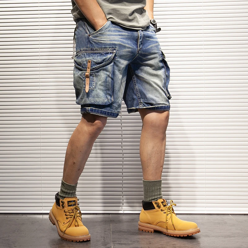 

Men's Denim Shorts Retro Loose Side Pockets Leather Buckle Cargo Denim Shorts Summer Jeans Shorts Male
