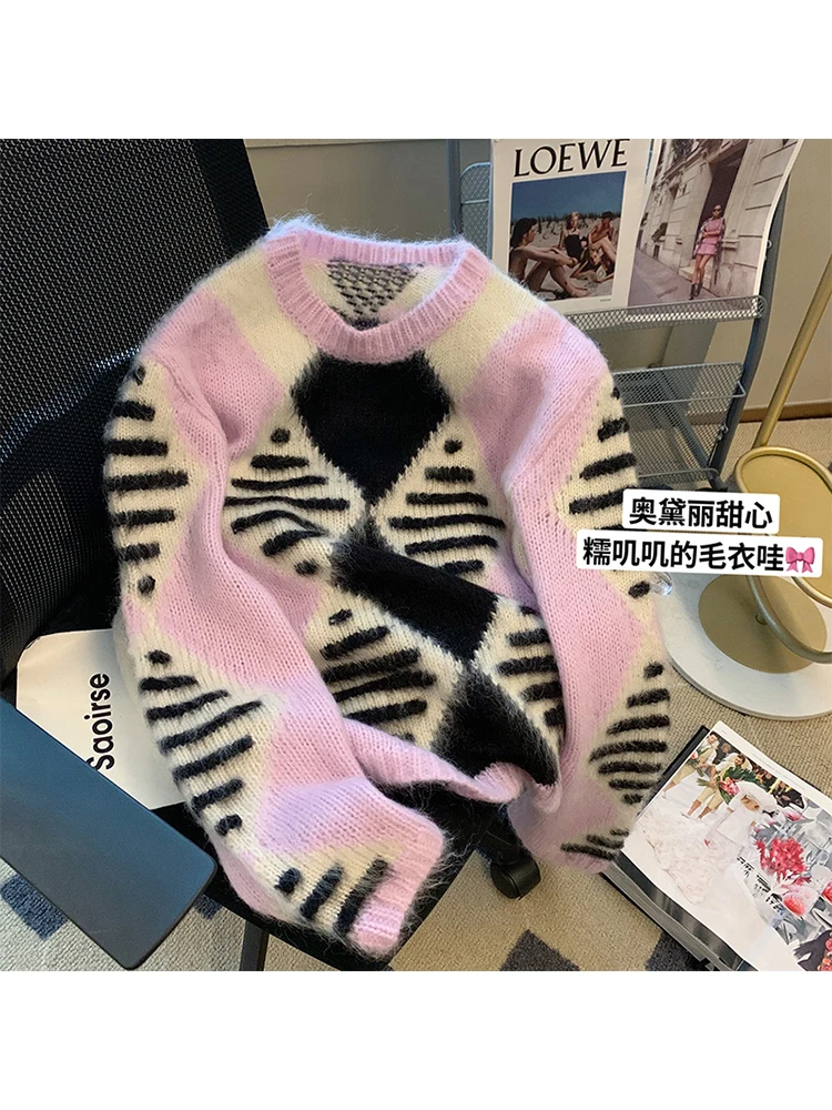

2022 Winter New Contrast Color Rhombus Design Knitwear O-neck Korean Style Harajuku Lady Soft Knit Pullover Sweater Retro Sweet