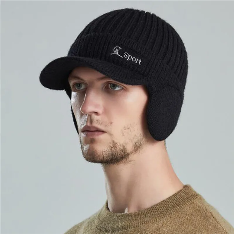 

Men Winter Knitted Hat Outdoor Cycling Ear Protection Warmth Peaked Cap Casual Fashion Sunhat Bomber Hats 56-61CM