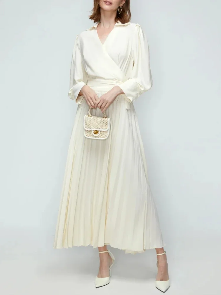 

New Fashion Elegant Women's Dress Solid Color Large Hem Pleated Peter Pan Neck Style Bow Tie Vestido Party Dress for Women 2023