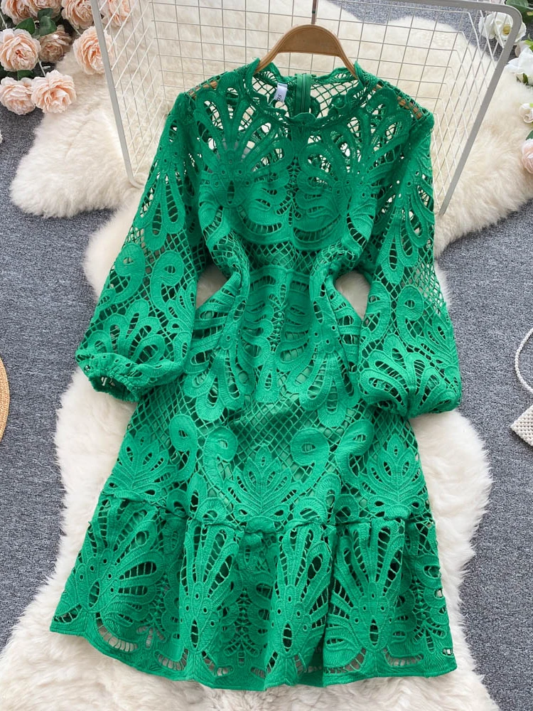 

Autumn Vintage Hollow Out Lace Party Dress Women Elegant Stand Collar Puff Sleeve Ruffle Knee-Length Vestidos New Fashion