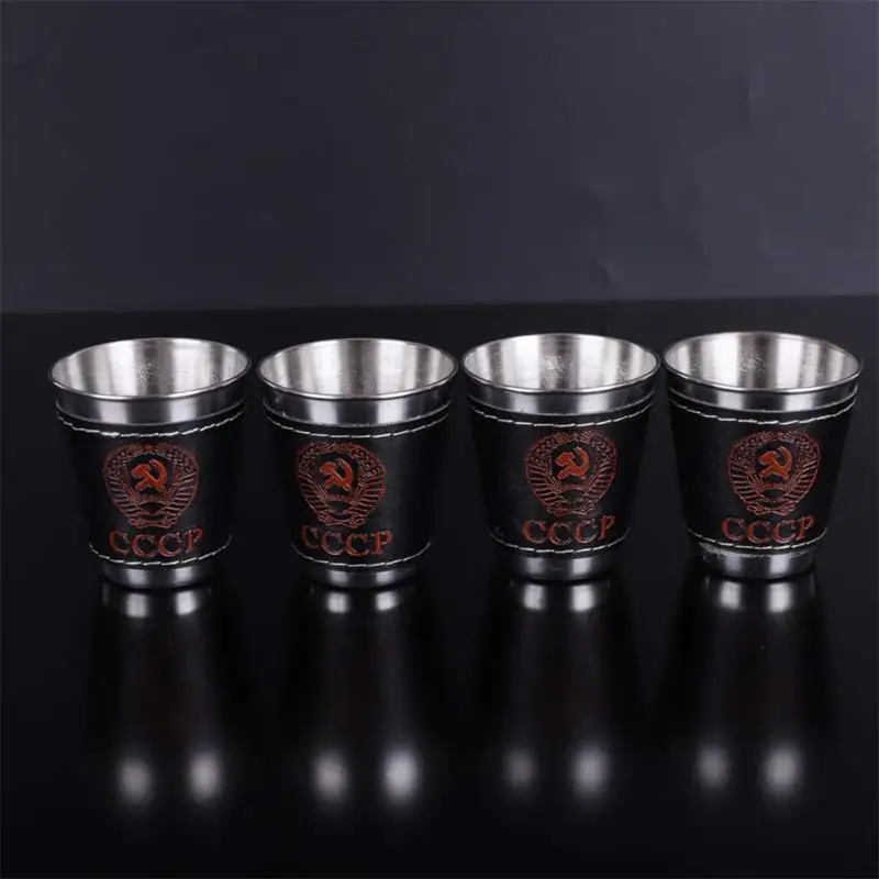 

4pcs/lot 70/30ml Outdoor Camping Tableware Travel Cups Set Picnic Supplies Stainless Steel Wine Beer Cup Whiskey Mugs PU Leather