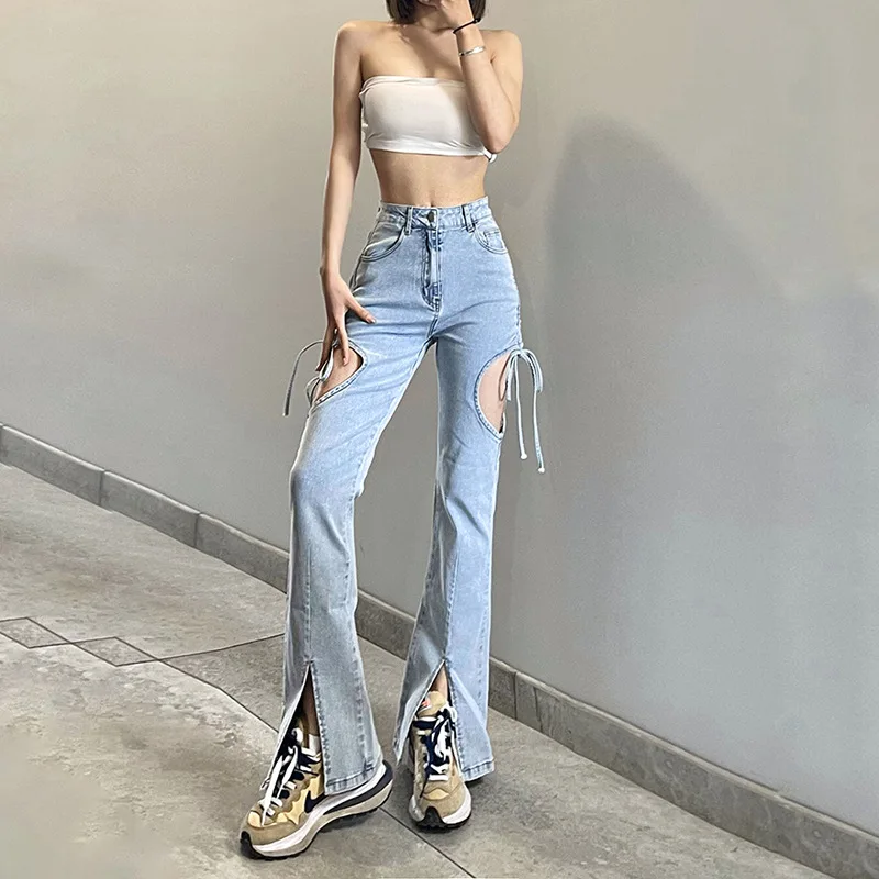 KoHuiJoo Hole jeans For Women 2022 Spring Summer Woman Slim Hollow Out Lace Up High Waist Slim Denim Pants Floor Length Trousers