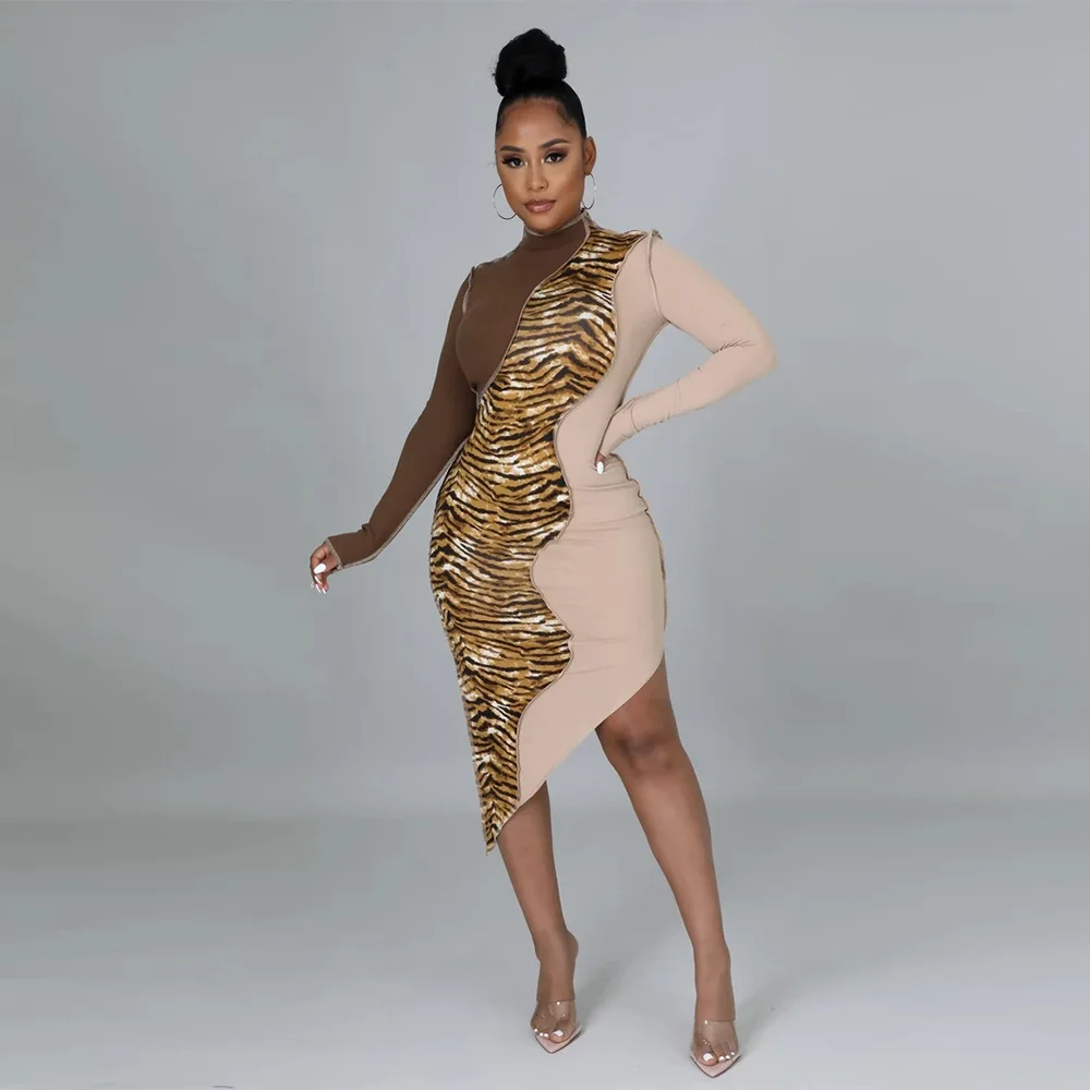 

Vintage Tiger Print Patchwork Irregular Midi Dresses Womens Long Sleeve Turtleneck Bodycon Party Club Dress