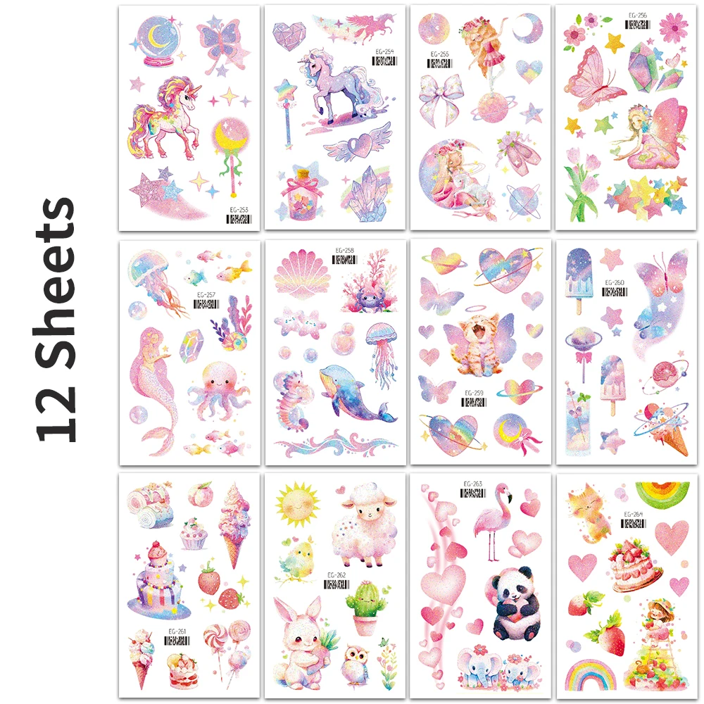 12 шт. блестящие розовые Временные татуировки милые Мультяшные стили