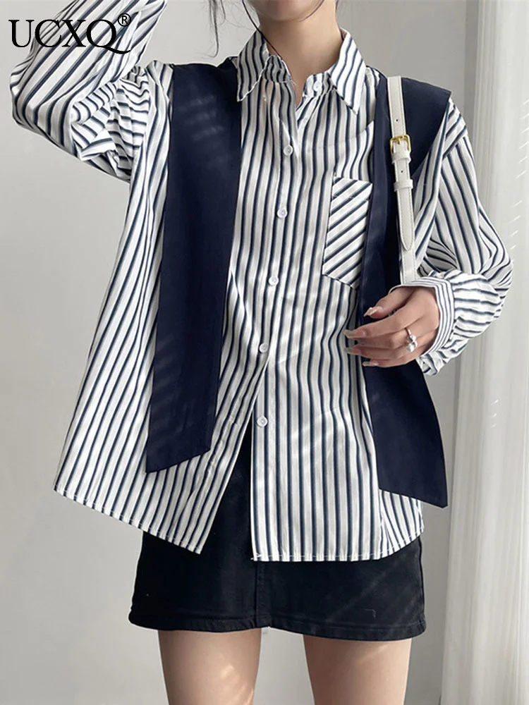 

Повседневная полосатая рубашка UCXQ из двух частей в Корейском стиле, Новинка лета 2023, однобортная женская блузка с отложным воротником и длинным рукавом