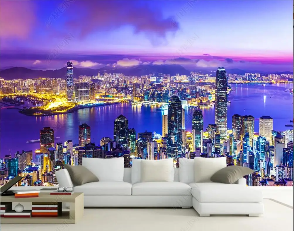 3d фото обои на заказ настенные современные здания вода город ночной вид домашний