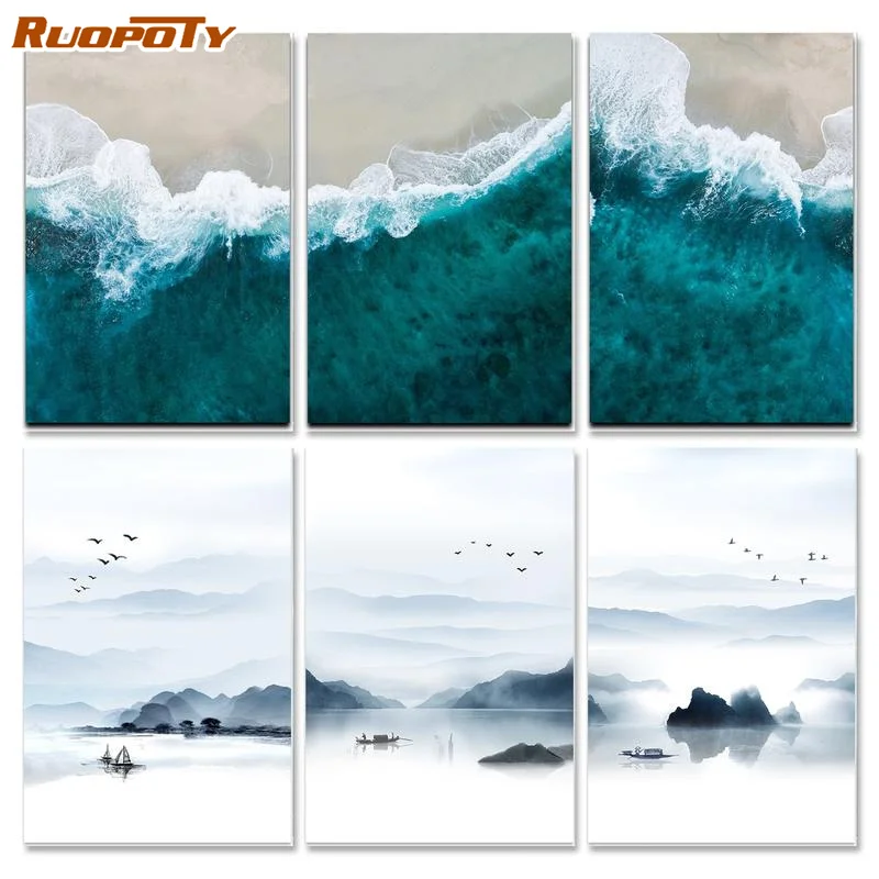 

RUOPOTY Frame Painting By Number Waves Drawing On Canvas HandPainted Art Gift DIY Pictures Paint By Number Kits Home Decor