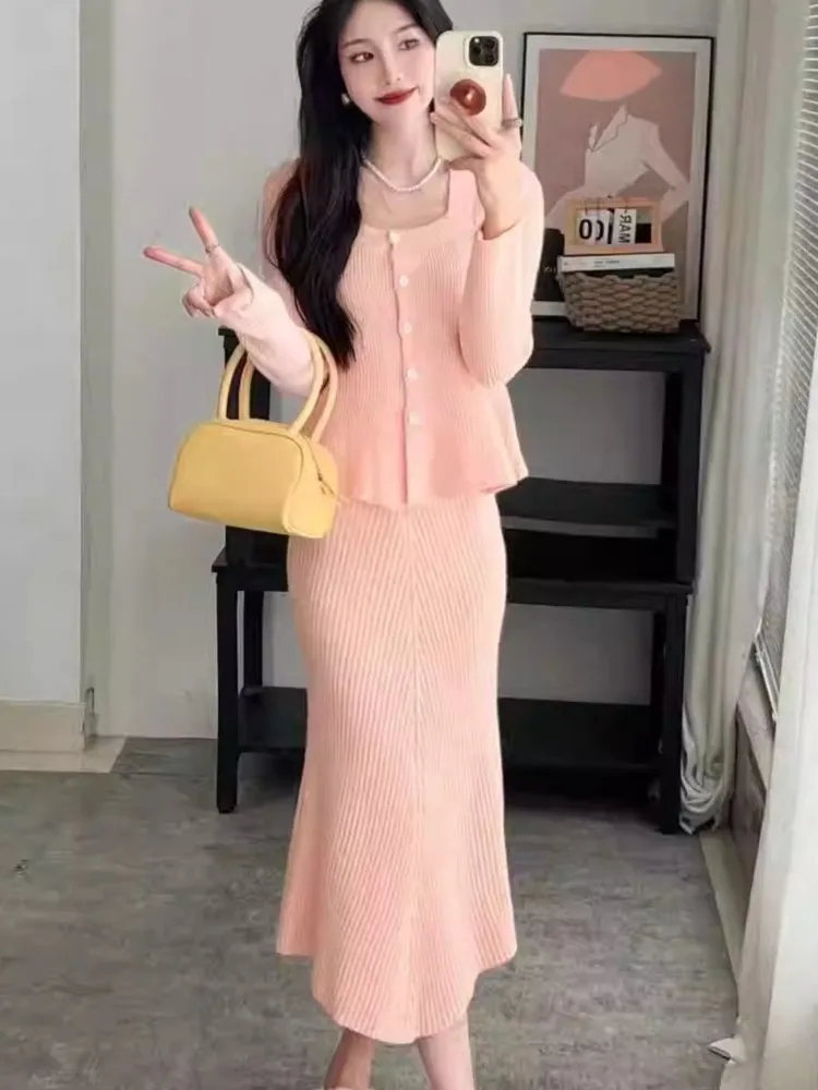 Модный элегантный вязаный костюм женский2024 осенне-зимний свитер с квадратным