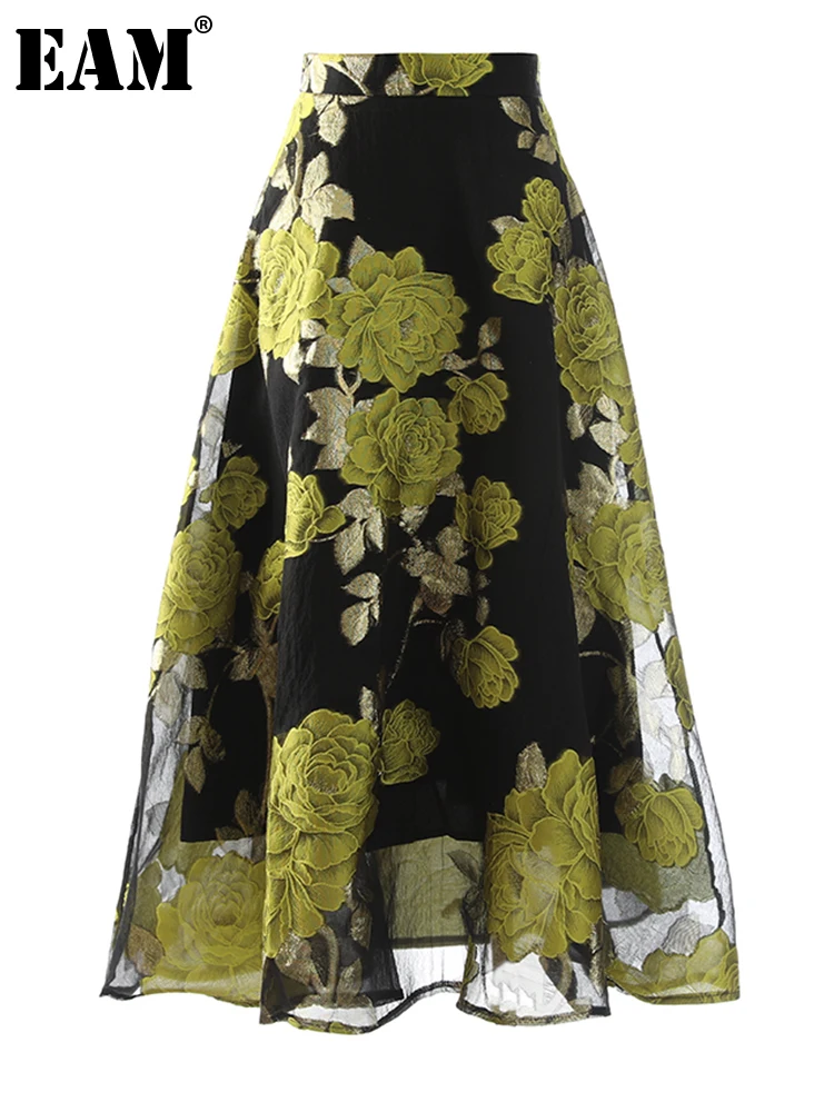 

[EAM] High Waist Yellow Flower Vintage Mesh Midi A-line Half-body Skirt Women Fashion Tide New Spring Autumn 2022 1DE8308