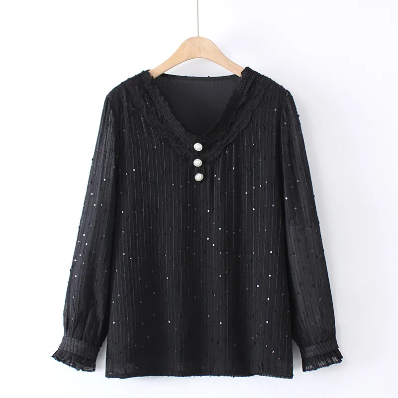 

Plus Size Clothing For Spring And Autumn Long Sleeve Shirt Composite Fabric Chiffon Sequined Plus Size Shirt Fit For Fat Ladies