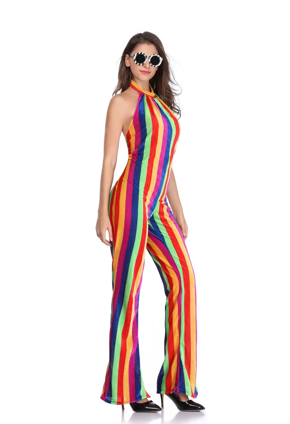 Женский пляжный комбинезон в радужную полоску с открытыми плечами открытой