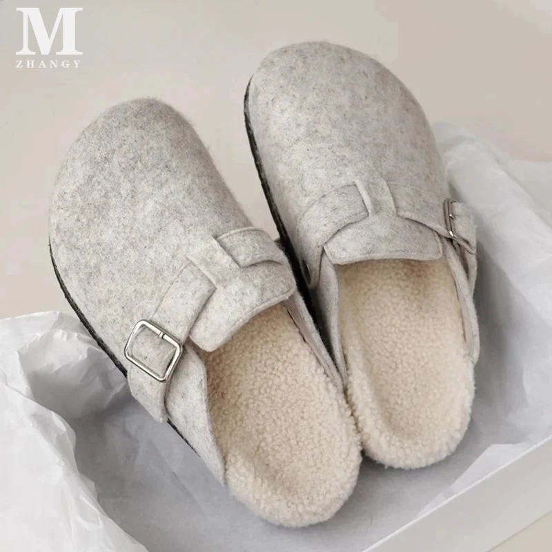 Женские хлопковые тапочки на меху плоской подошве повседневные прогулочные