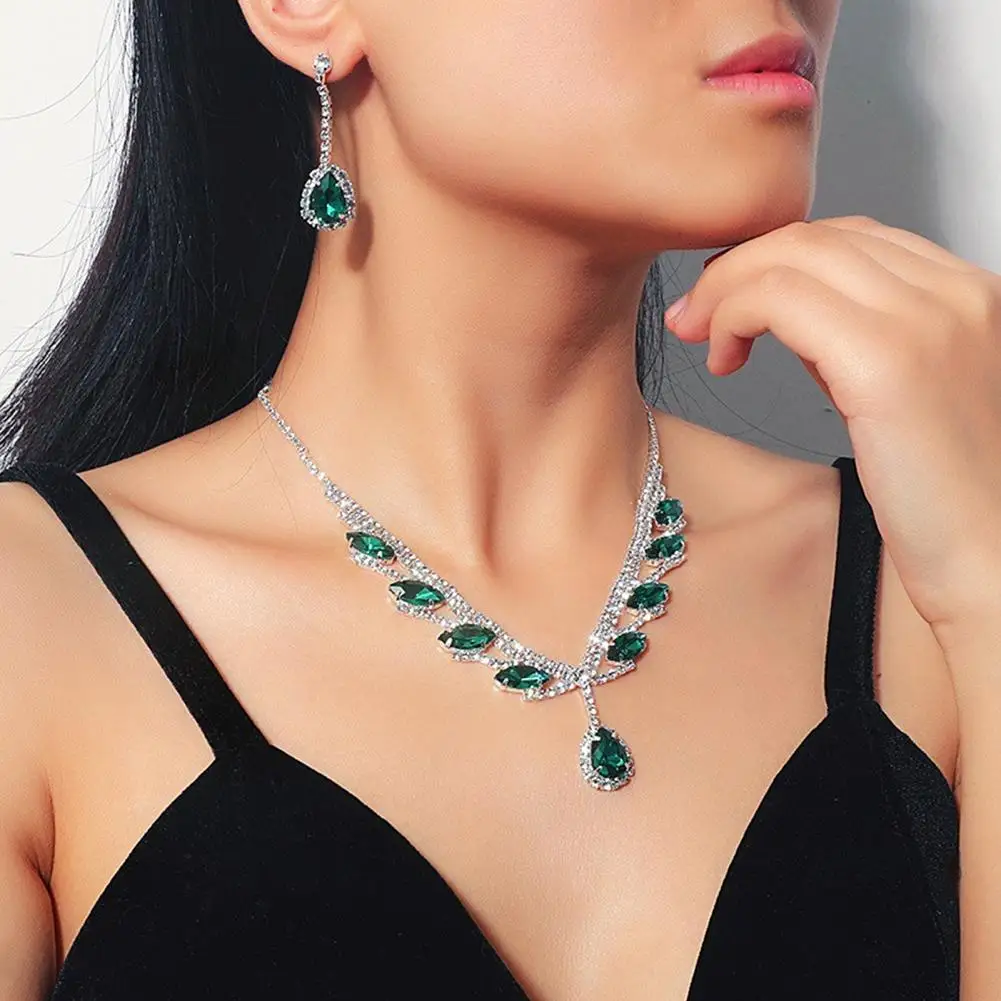 

1 Set Bridal Necklace Earrings Water Drop-shaped Rhinestone Jewelry Electroplating Sparkling Jewelry Set for Wedding