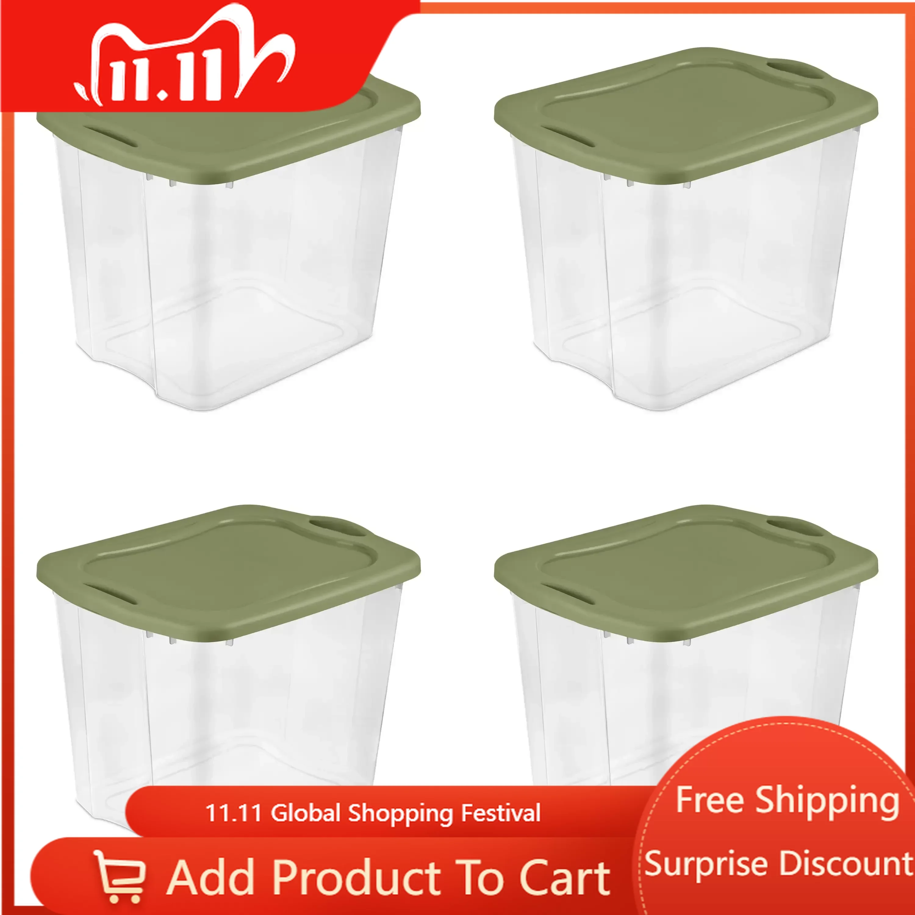 

Free Shipping 95 Qt. EZ Carry Plastic, Clear/Sage Legume, Set of 4 Storage Containers Storage Box Organizer Box