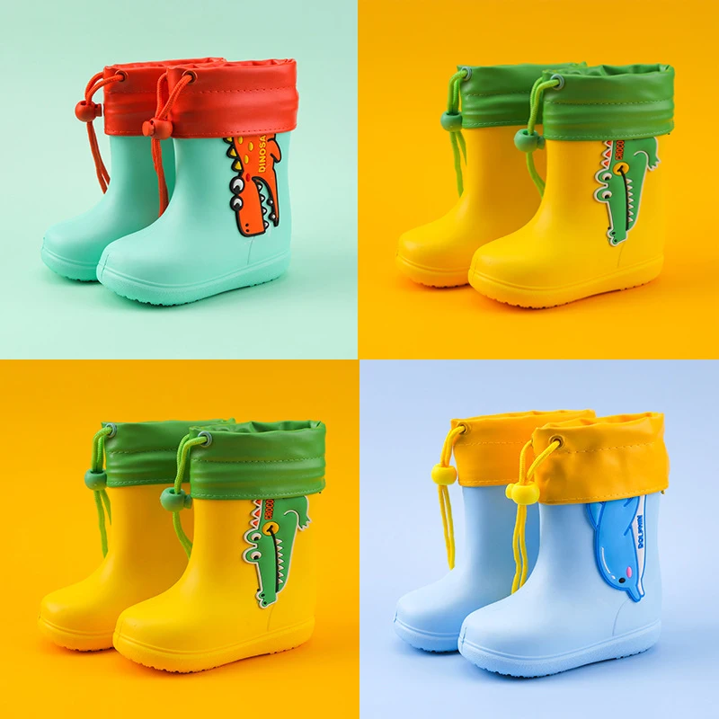 

Rain Boots Kids Girl Winter Cute 3D Rainboots Dinosaur Children's Boys Boots Plush Warm Ankle PVC Waterproof Toddler Water Shoes