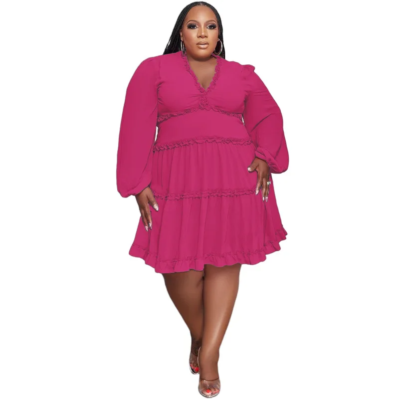 V-neck Solid Color Mini Dress Plus Size Women's Autumn Long Sleeve 2022 Elegant Ruffle Hem A-line Skirt Wholesale Dropshipping