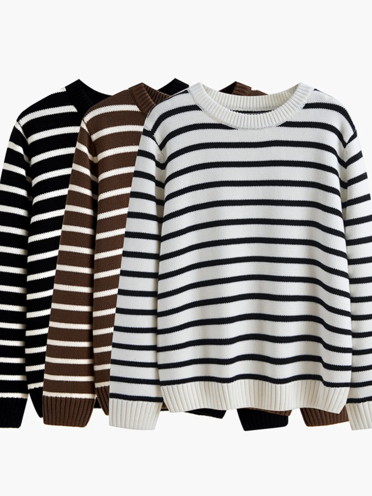 Черно-белый полосатый свитер Женский круглый вырез Осень и зима Новая верхняя