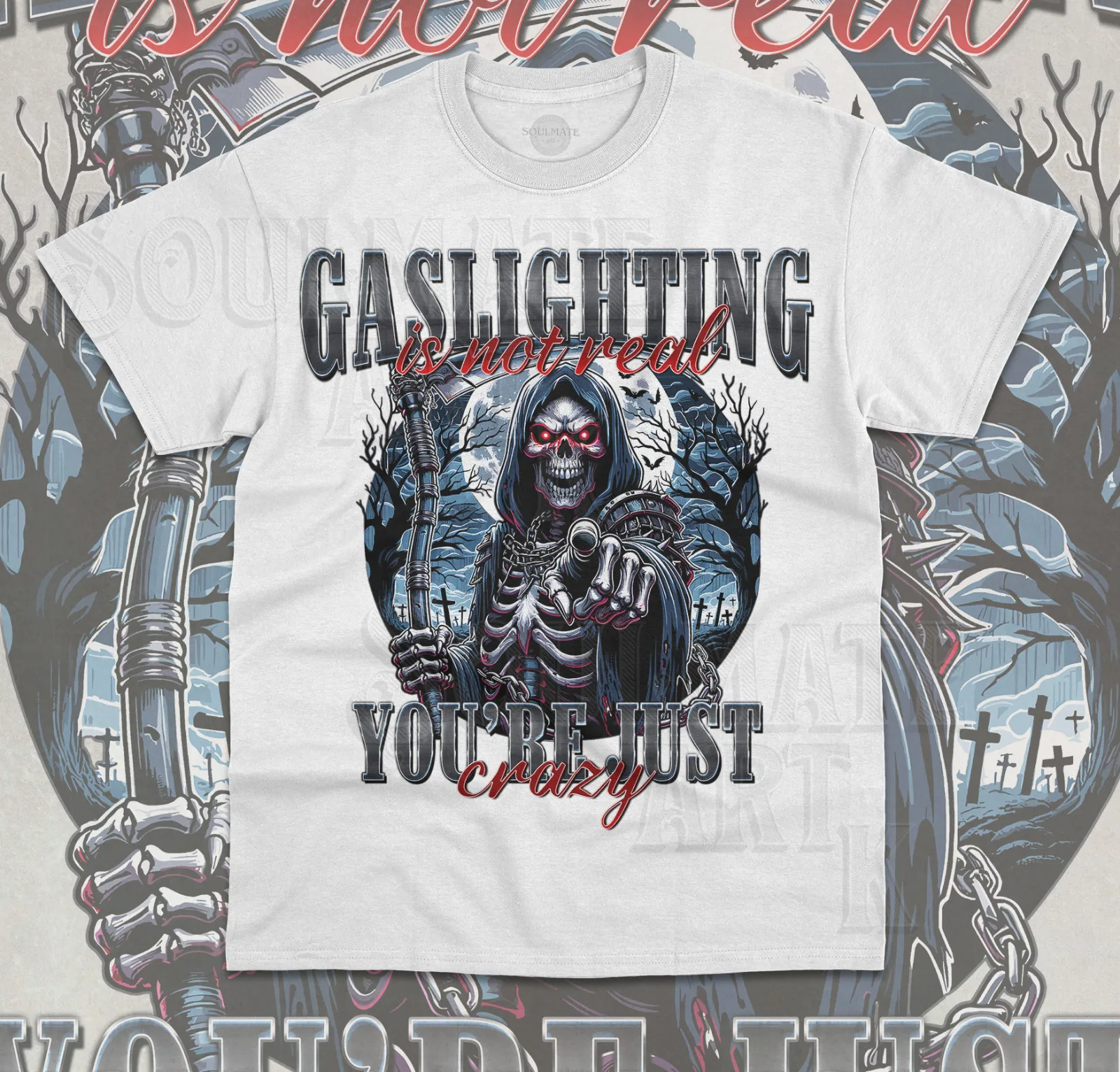 Футболка Gaslighting Is Not Real You're Just Crazy с забавным мемом и скелетом