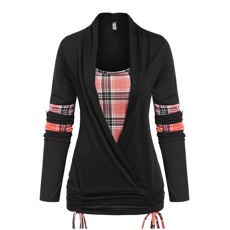 

Women Long Sleeve Patchwork Top Spring New Tunic Plaid Rolled Tab Sleeve Cinched Tie T-shirt Casual Office Ladies Work Tee