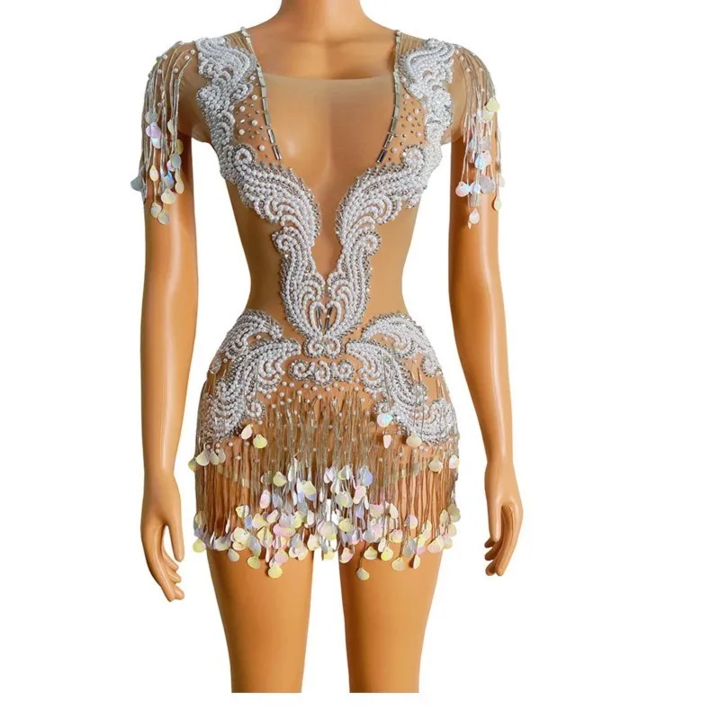 

Костюм для празднования дня рождения с бахромой, наряд, серебряные блестки, бахрома, жемчужины, кристаллы, блестящие