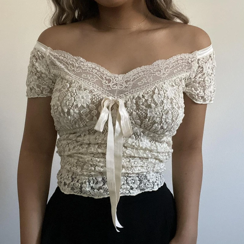 

Chic Women Y2K Vintage Aesthetic Crop Tops Fairy Floral Lace Tshirt Cute Bow V Neck Short Sleeve Slim Fit Basic Tees Feminino