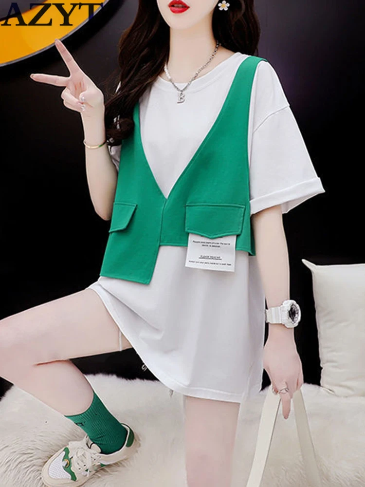 

Женская футболка с коротким рукавом и круглым вырезом AZYT, Повседневная Свободная хлопковая футболка в Корейском стиле, в стиле пэчворк, лет...