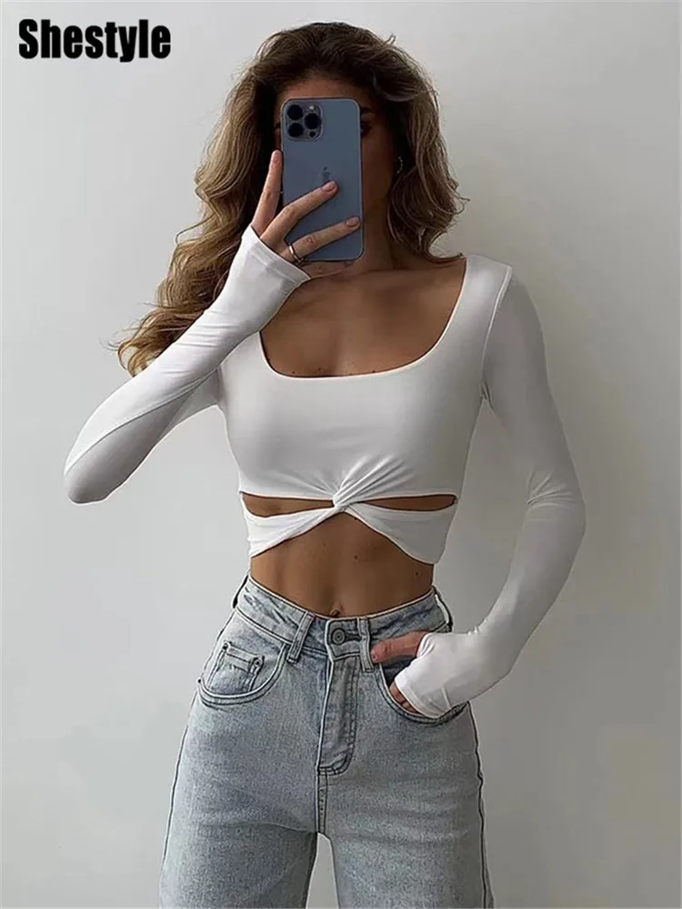 

Shestyle Square Neck Crop Tops Skinny Knot Hollow Out Simple All-Match Autumn Full Sleeve Travel Midriff-Baring T-Shirt New