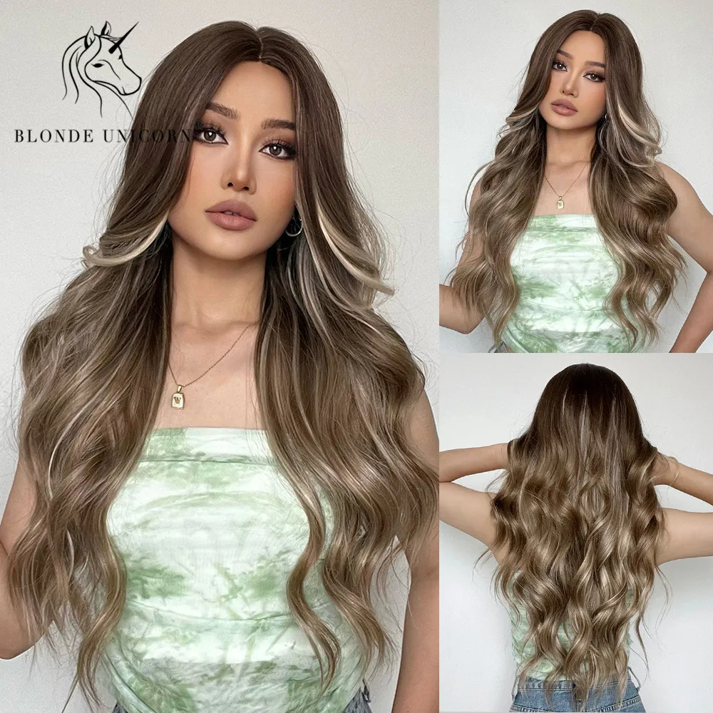 Парик Синтетический блонд Единорог Омбре коричневый с хайлайтером длинные