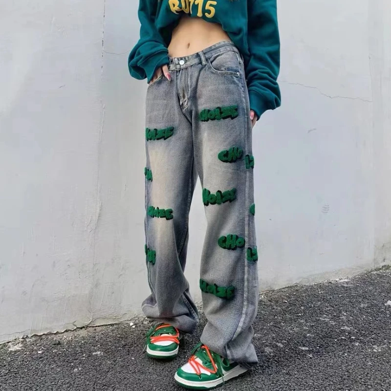 

American Retro High Street Jeans Girl Y2K Tide Hip-Hop Embroidery Flocking Washed Loose Straight Pants Couple Joker Baggy Jeans