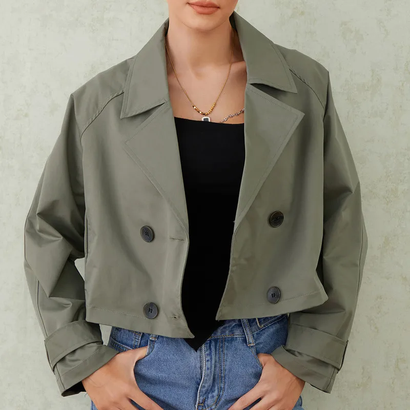 

Женский двубортный тренчкот в стиле панк, короткая однотонная винтажная куртка с длинным рукавом, уличная одежда, весна-осень