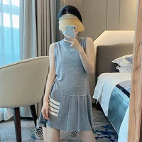 tb college style dress spring and summer round neck casual knitted slim sleeveless vest age reducing four bar pleated skirt