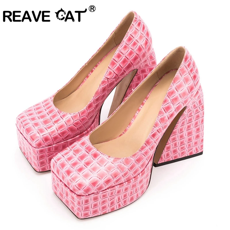 

REAVE CAT 2022 New Spring Autumn Casual High-heeled Shoes Sexy Ruslana Korshunova Thick Heels Platform Pumps Pink Blue Size 43