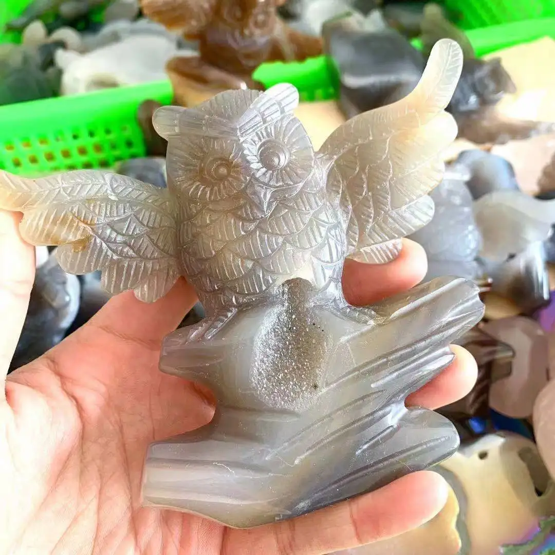 

Natural Agate Geode Owl Figurine Hand Carved Quartz Crystal Cluster Owl Healing Crystal Stone Crafts Home Decoration