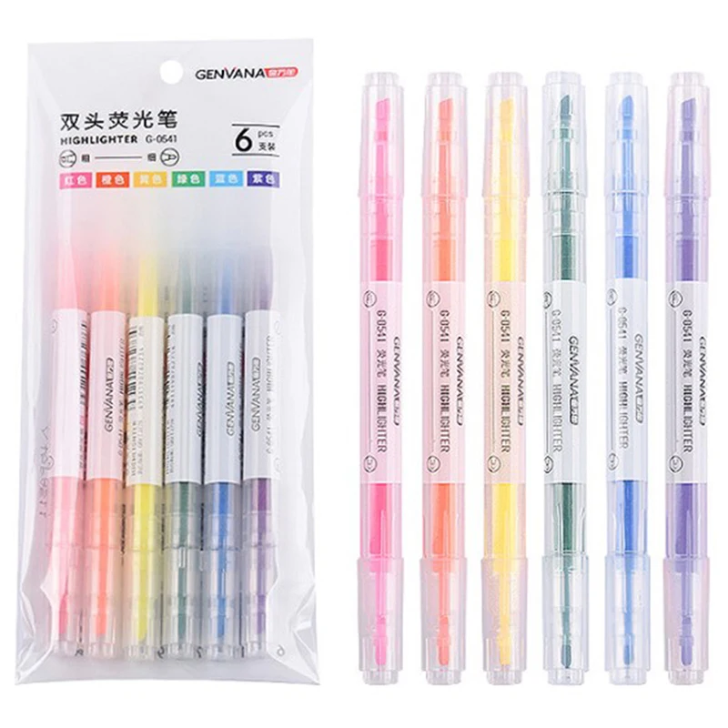 

6pcs Student Color Oblique Head Double-headed Highlighter Marker, Focus on Line, Graffiti, Hand Account Pen, Watercolor Pen