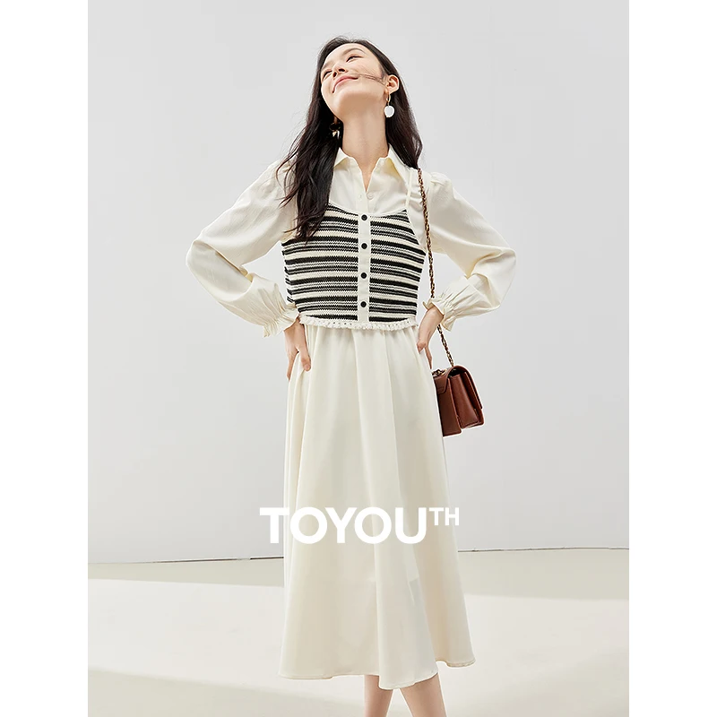 

Toyouth Women Two Piece Set Dress and Vest 2023 Autumn Long Sleeve Polo Neck A-shaped Retro Contrasting Stripes Fashion Skirt