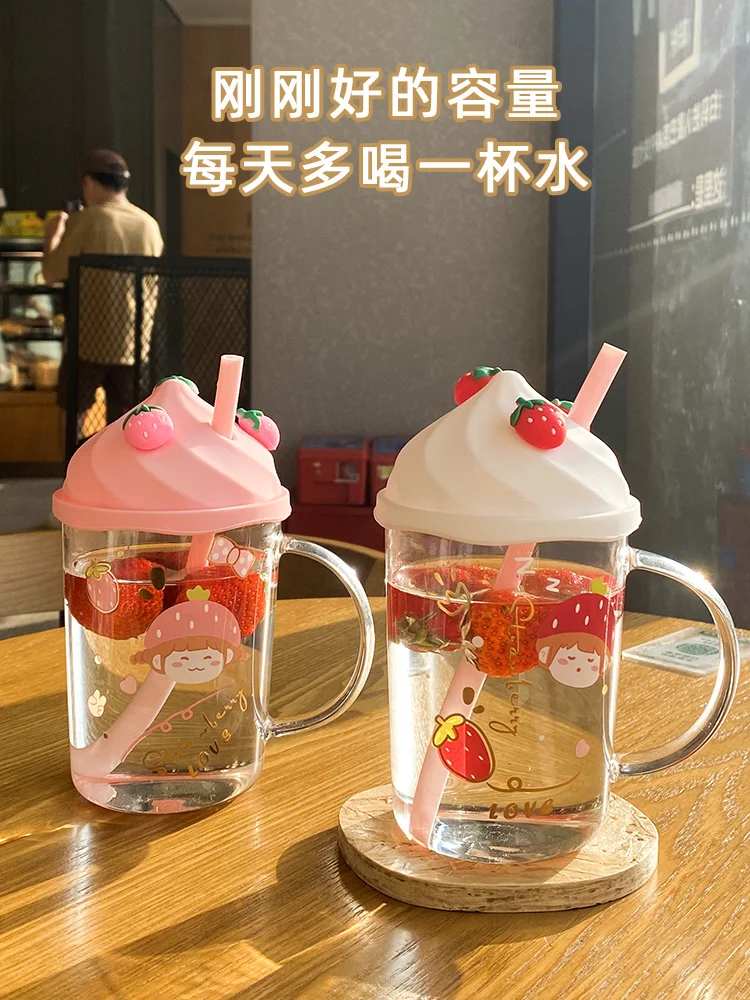 

high-value Glass water cup female summer cute with lid large-capacity household coffee cup ins wind straw teacup