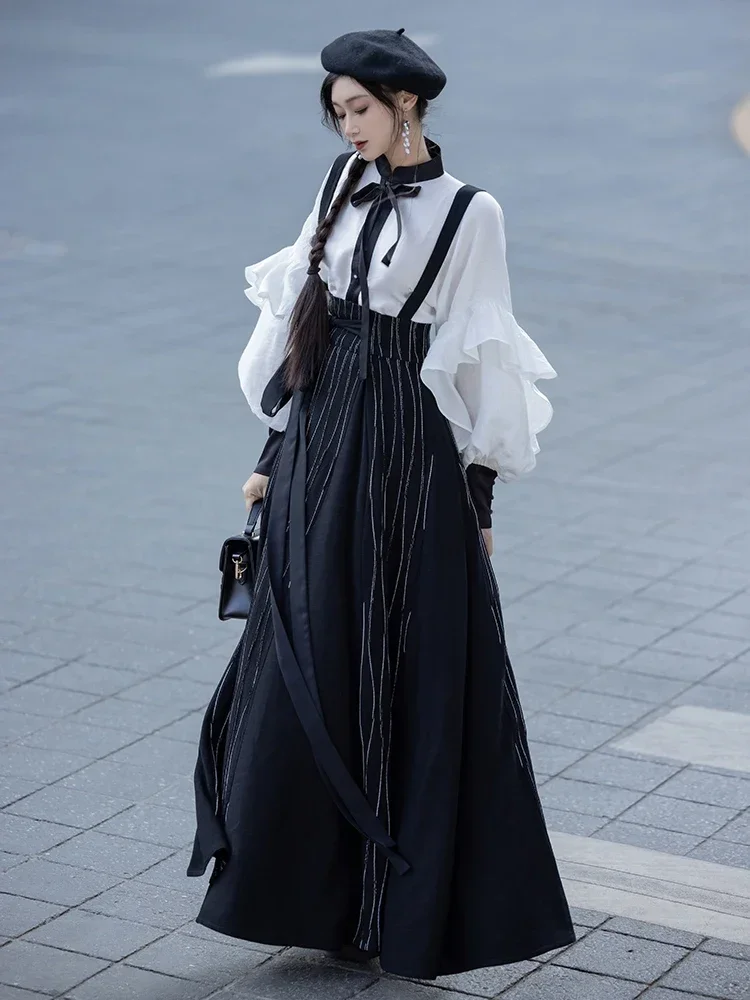 Новый оригинальный костюм в китайском стиле Hanfu с ремешком сзади и оборками по