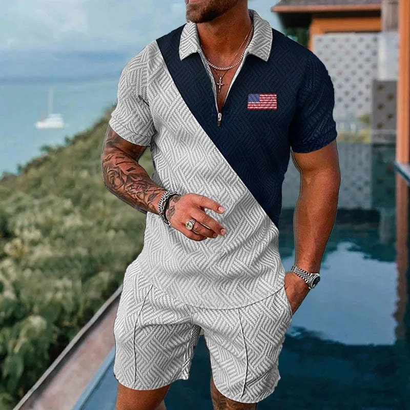 Summer Men's Tracksuit Short Sleeve Polo Shirt Set 3D Print Zipper Lapel T-shirt Shorts 2 Pieces Casual Suit Streetwear Outfit