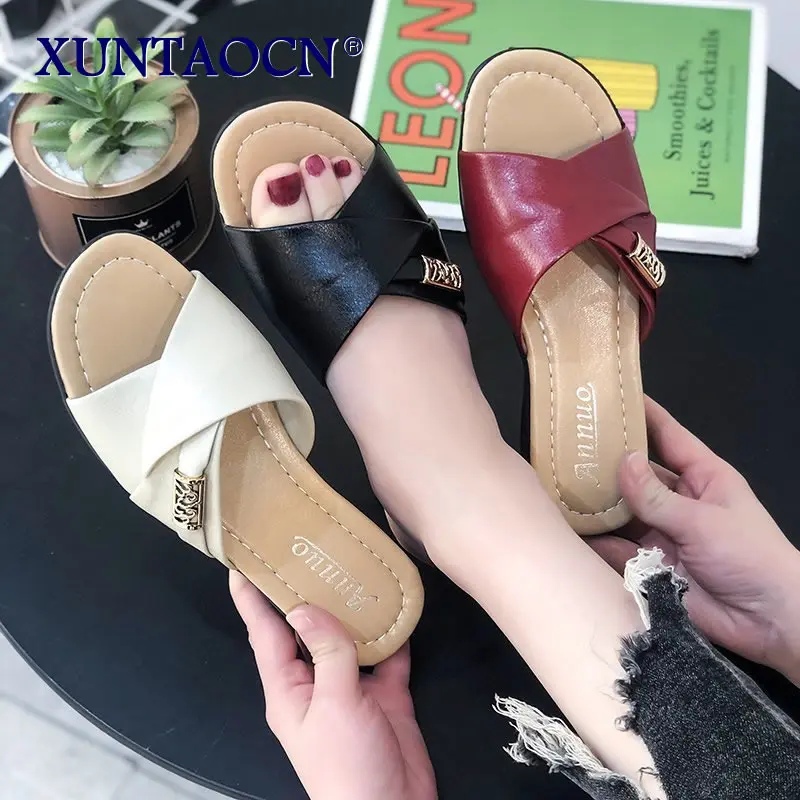 

Women's Platform Comfortable Wedges Casual Open Toe Slides Summer Beige Outdoor Slippers Ladies Leather Folding Low Heeled Shoes