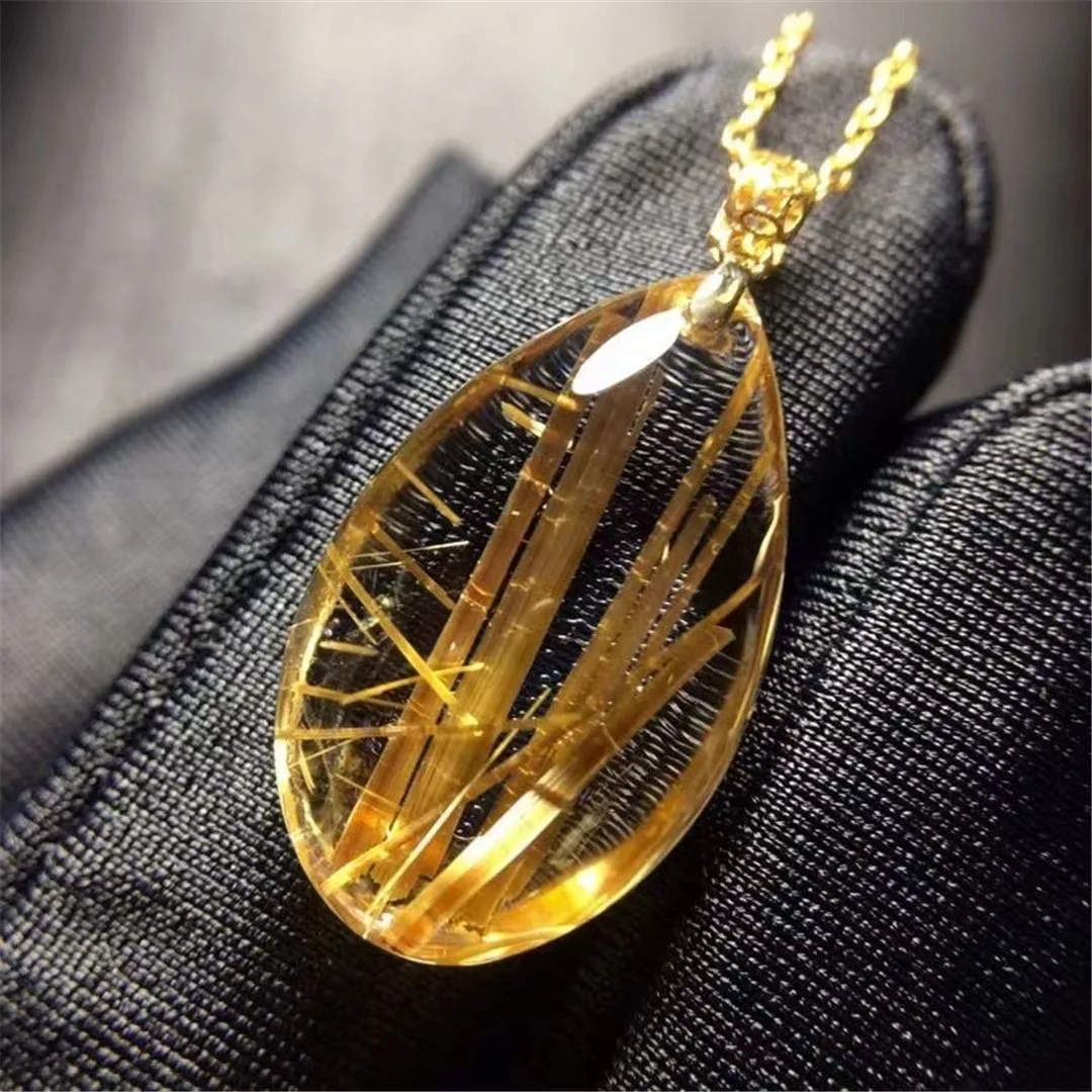 

Natural Gold Rutilated Quartz Pendant Jewelry For Woman Man Love Gift Wealth Crystal 21x13x7mm Beads Clear Stone 18K Gold AAAAA
