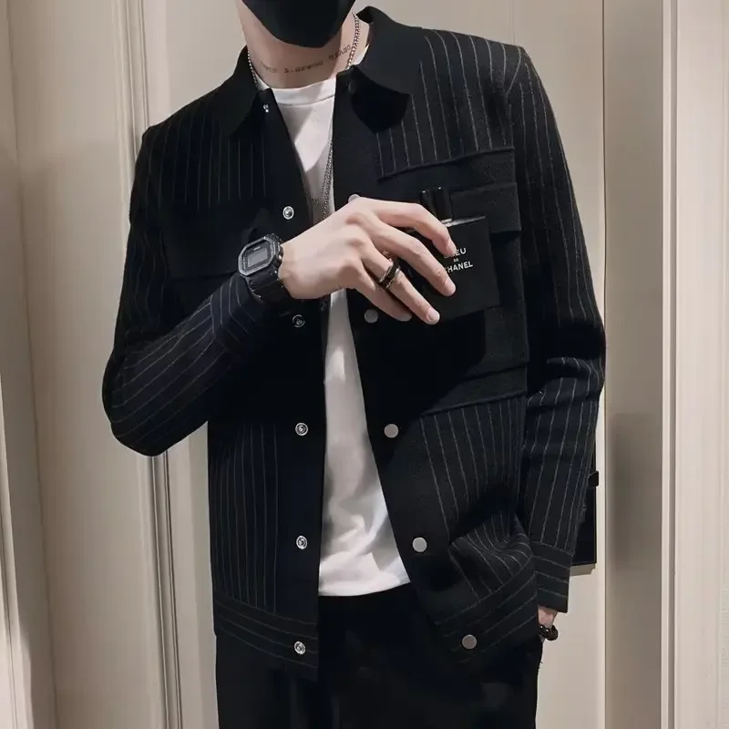 Весенне-осенний мужской модный полосатый повседневный кардиган приталенный