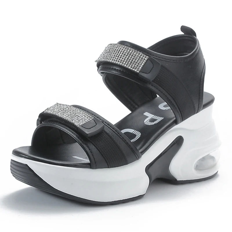 Rhinestone 8cm 2023 New Genuine Leather Sandals Women Elevator Shoes Comfy Fashion Summer Platform Wedge Ladies Hook&Loop Shoes