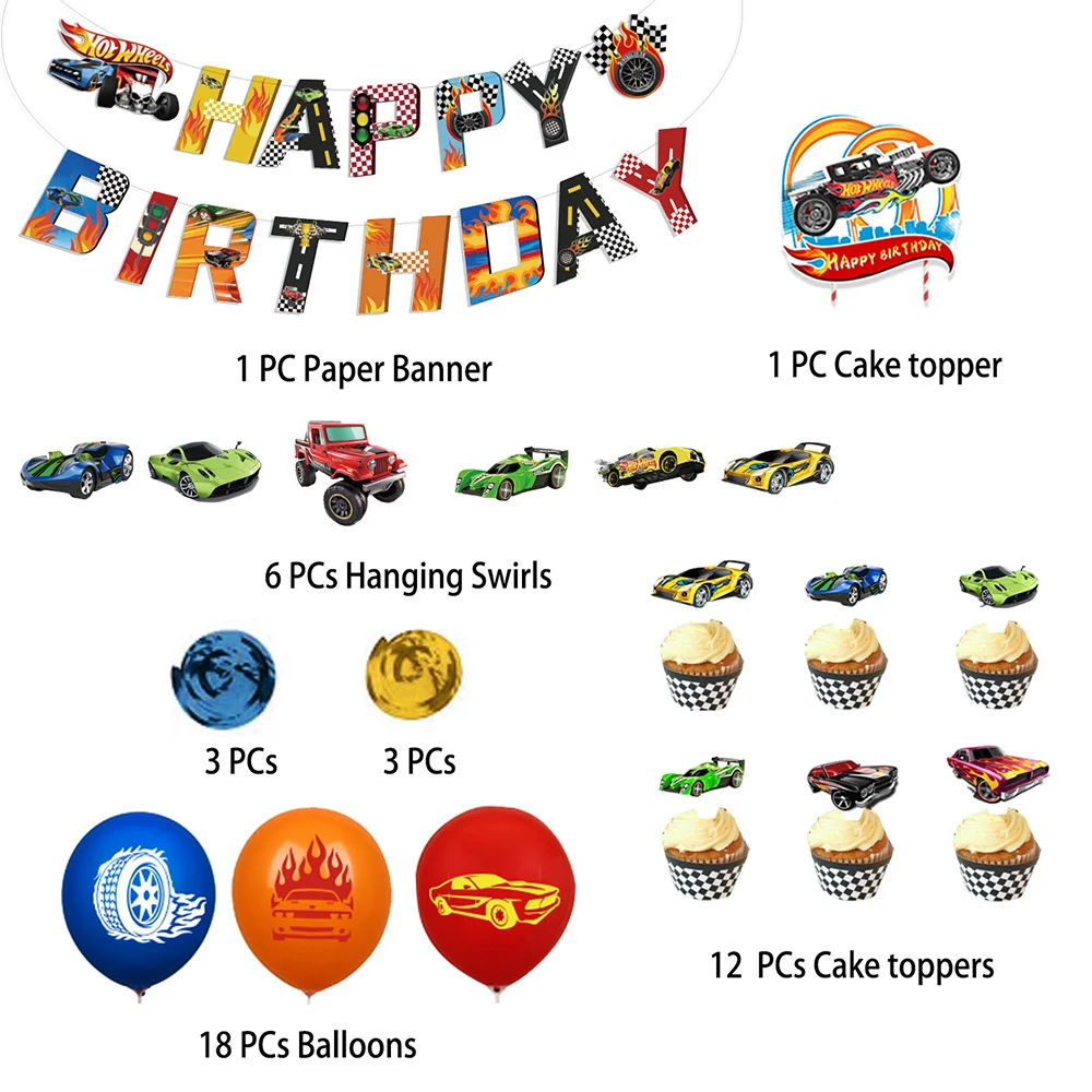 

44PCS Hot Wheels Birthday Supplies Boy Wind Fire Wheels Car Balloon Banner Spiral flag Cake Topper Baby Shower For Party Decor