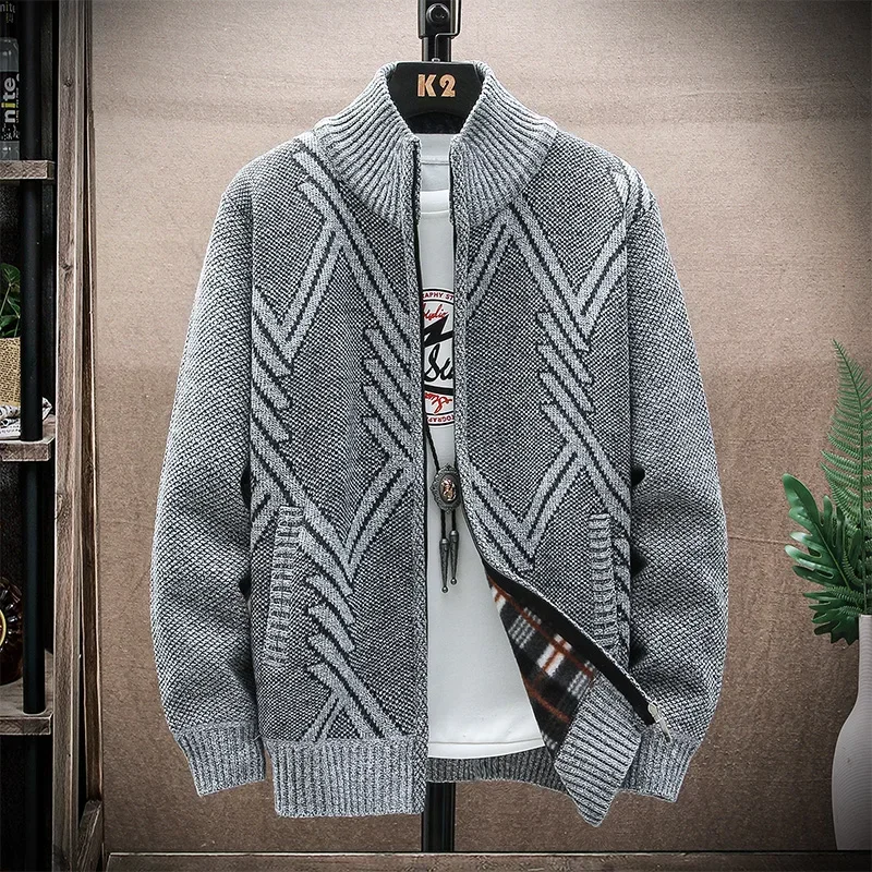 

Men's Hooded Cardigan Sweater Winter New Fleece Zipper Stand-up Collar Solid Color Casual Knitted Sweater Jacket Male Clothing