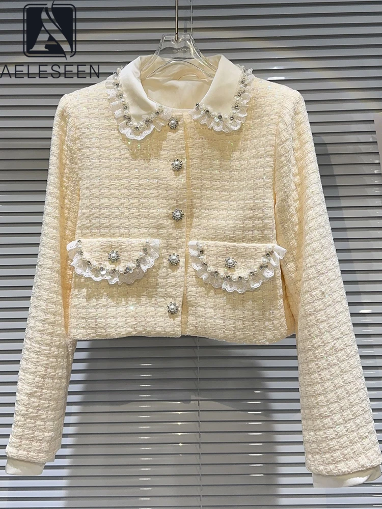 

AELESEEN Designer Fashion Beige Jacket Women Autumn Winter High Quality Pearls Beading Diamoned Tweed Elegant Short Coat