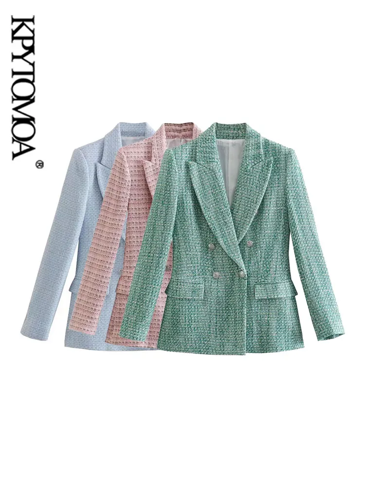 

KPYTOMOA Women Fashion Tweed Double Breasted Blazer Coat Vintage Long Sleeve Flap Pockets Female Outerwear Chic Veste Femme
