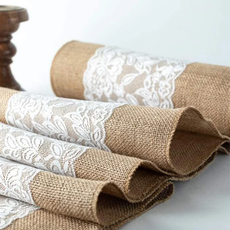 

Burlap Lace Table Runner Rustic Woven Natural Jute Country Vintage for Wedding & Banquet Ribbon Decoration Home Décor 221778HTR