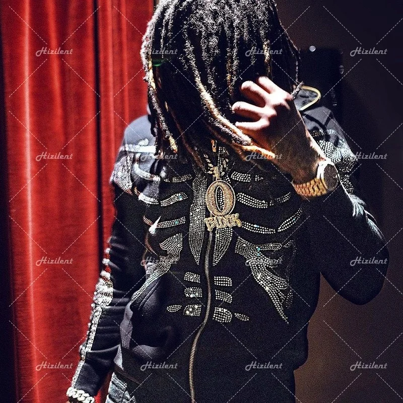 

Zip die Rinestone skeleton ot Sweatsirt Sport Coat Pullover otic Lon Sleeve Oversized die jacket Men's dies