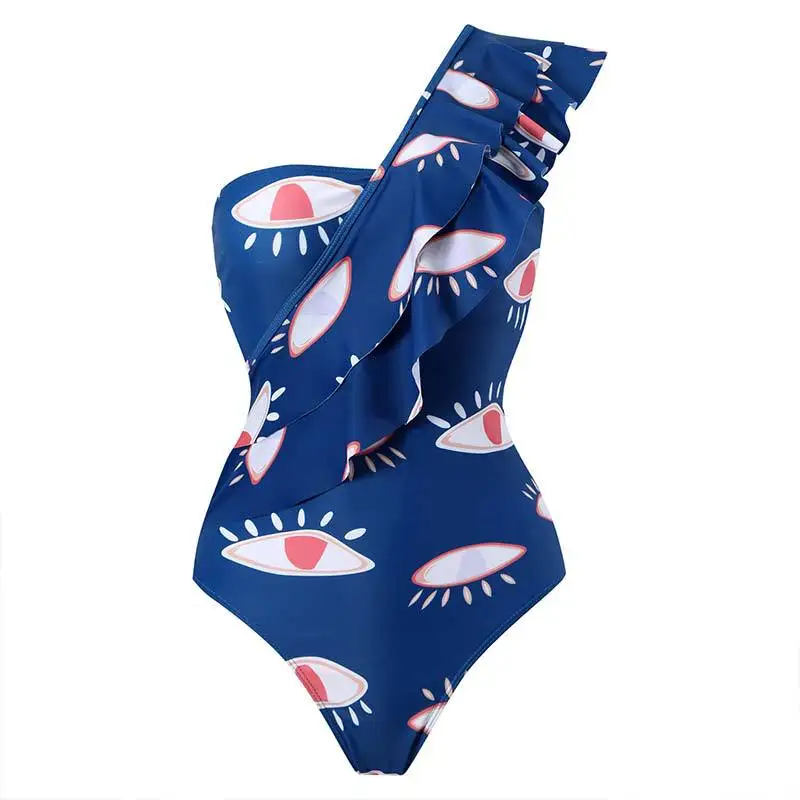 

2023 Women Blue Eyes Print One Shoulder Swimsuit One Piece Swimwear Bathing Suit Summer Swimming Beach Wear Monokini New